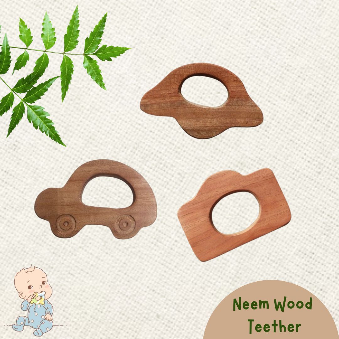Neem Wood Teether For 0-1 Year Baby (Car/Camera/UFO)