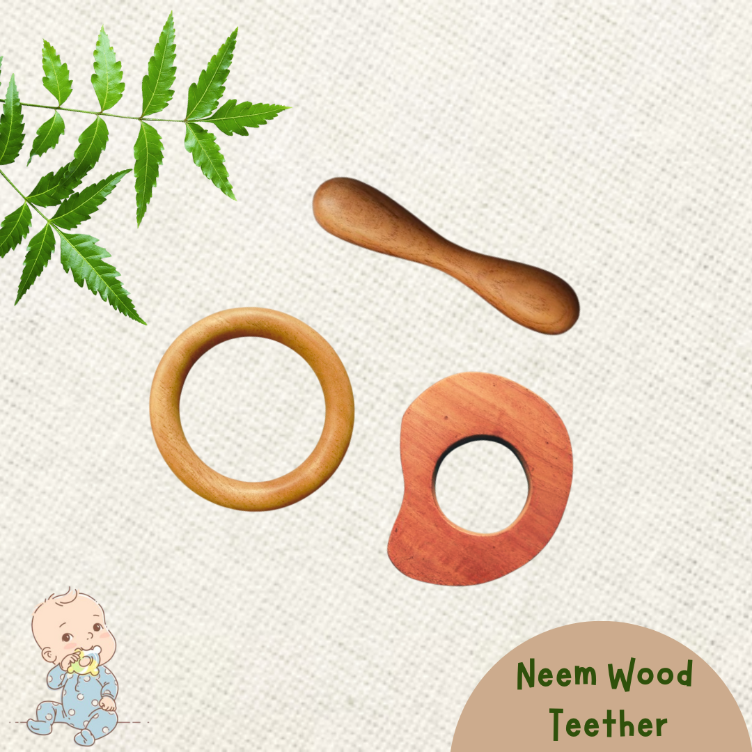 Neem Wood Teether For 0-1 Year Baby (Mango/Ring/Dumbbell)