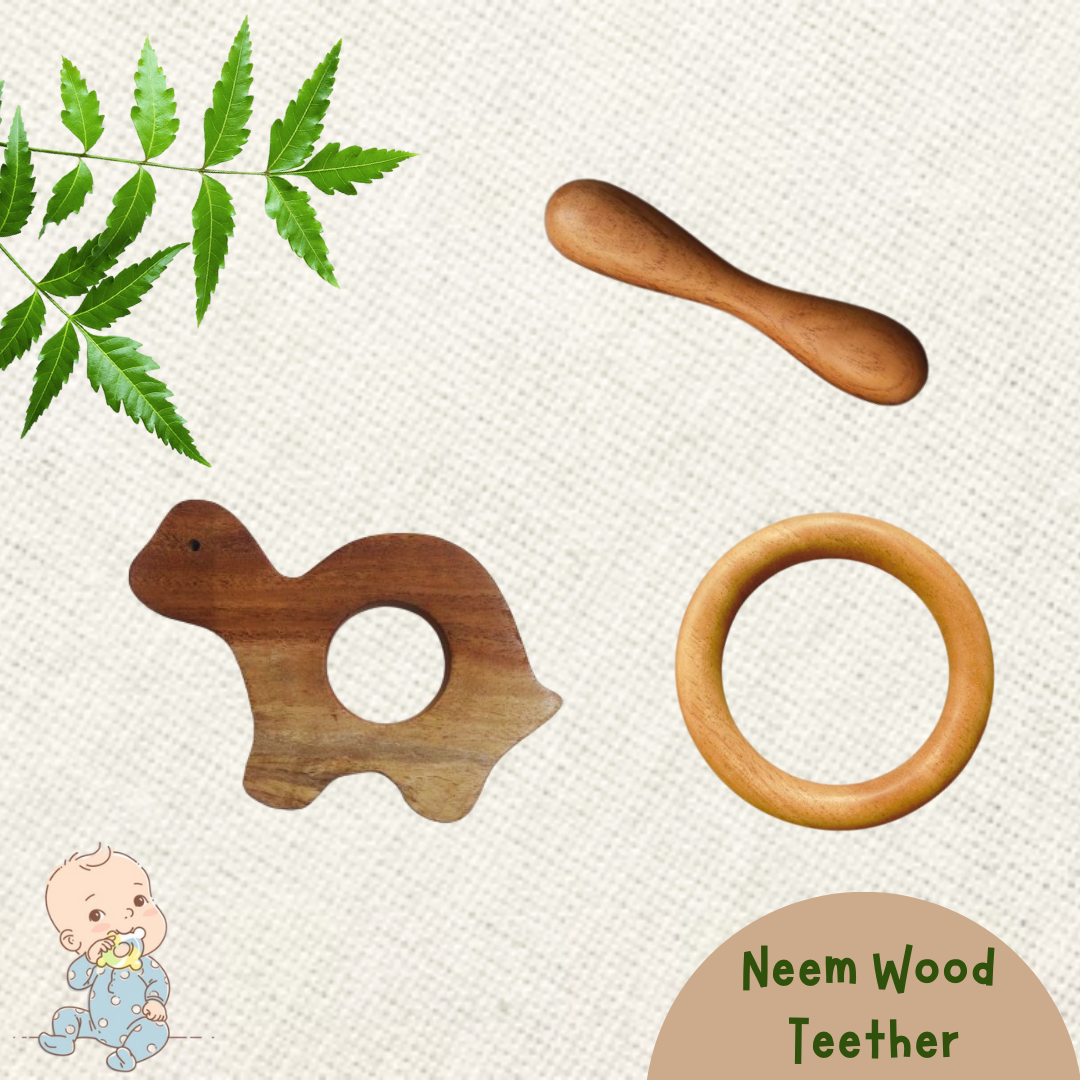 Neem Wood Teether For 0-1 Year Baby (Turtle/Ring/Dumbbell)