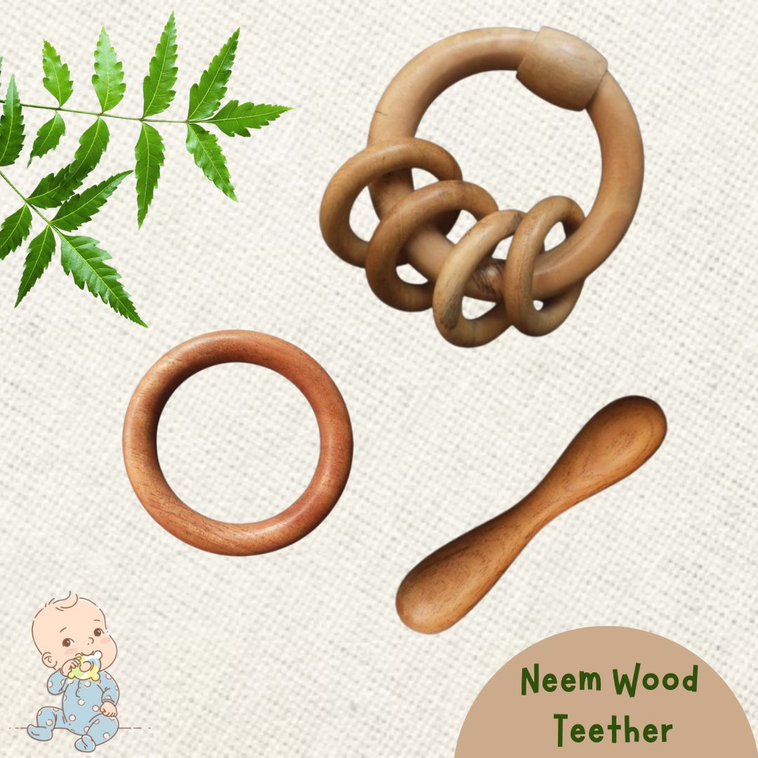 Neem Wood Teether For 0-1 Year Baby (Ring/Dumbbell/Ring Rattle)