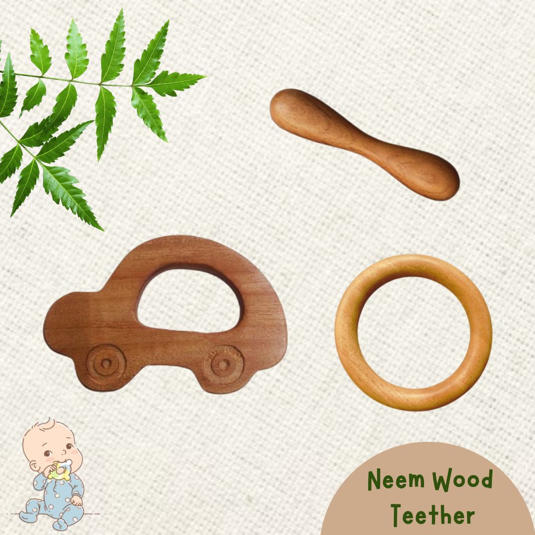 Neem Wood Teether For 0-1 Year Baby (Car/Ring/Dumbbell)