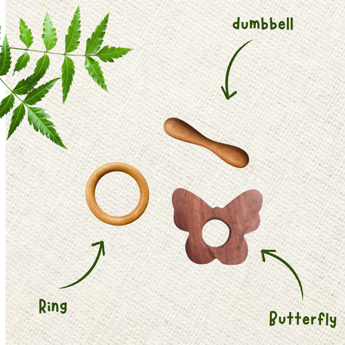 Neem Wood Teether For 0-1 Year Baby (Butterfly/Ring/Dumbbell)