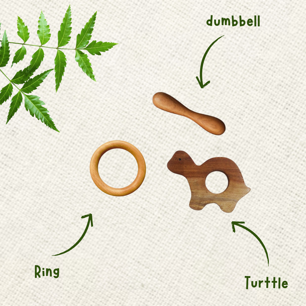 Neem Wood Teether For 0-1 Year Baby (Turtle/Ring/Dumbbell)
