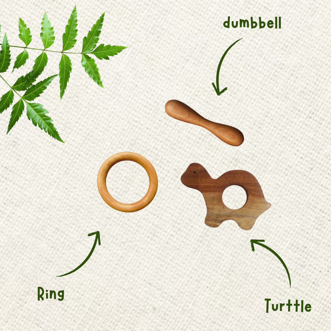 Neem Wood Teether For 0-1 Year Baby (Turtle/Ring/Dumbbell)