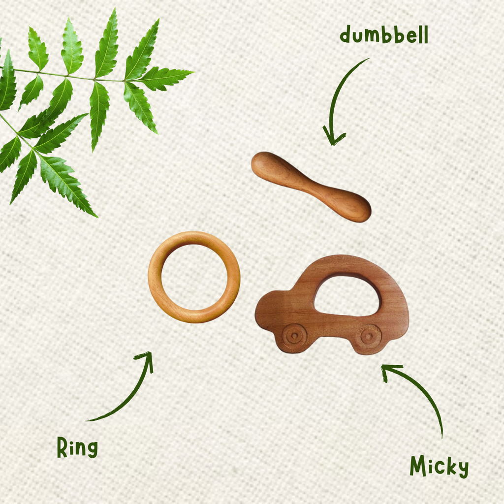 Neem Wood Teether For 0-1 Year Baby (Car/Ring/Dumbbell)