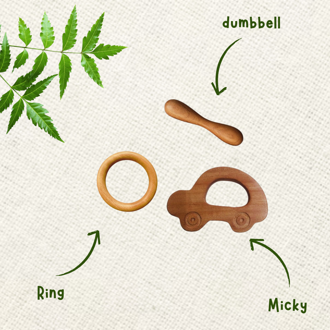 Neem Wood Teether For 0-1 Year Baby (Car/Ring/Dumbbell)