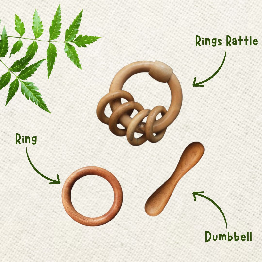 Neem Wood Teether For 0-1 Year Baby (Ring/Dumbbell/Ring Rattle)
