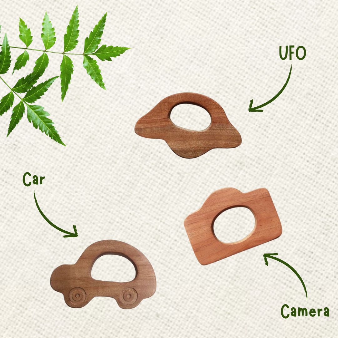 Neem Wood Teether For 0-1 Year Baby (Car/Camera/UFO)