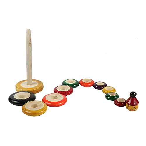 Wooden 10 Piece Ring Set Handmade Eco Friendly Color Multicolored, for Toddlers Montessori Play Set for Girls and Boys Show Piece for Dashera (Multicolor)