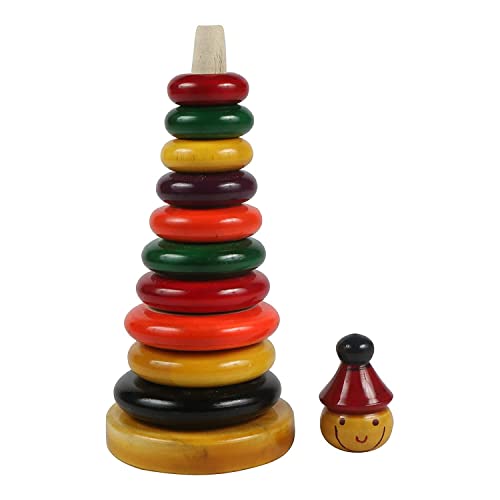 Wooden 10 Piece Ring Set Handmade Eco Friendly Color Multicolored, for Toddlers Montessori Play Set for Girls and Boys Show Piece for Dashera (Multicolor)