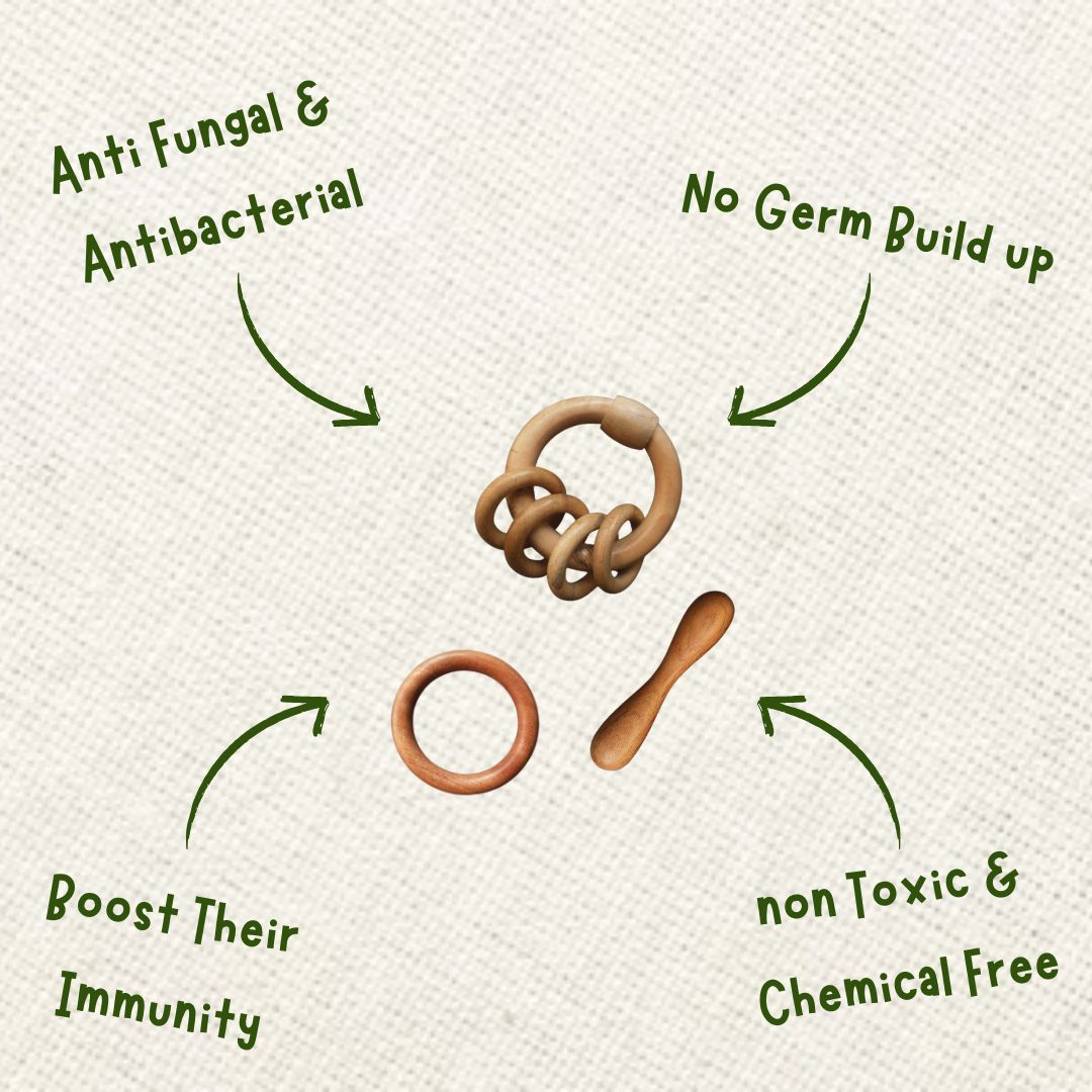 Neem Wood Teether For 0-1 Year Baby (Ring/Dumbbell/Ring Rattle)