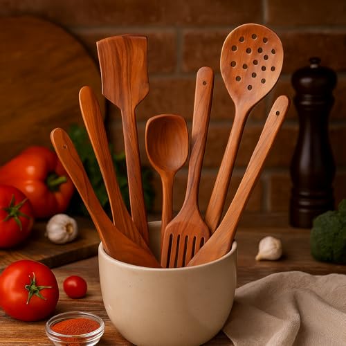 Handmade Wooden Non-Stick Serving and Cooking Spoon (Set of 7) - 90 Cm