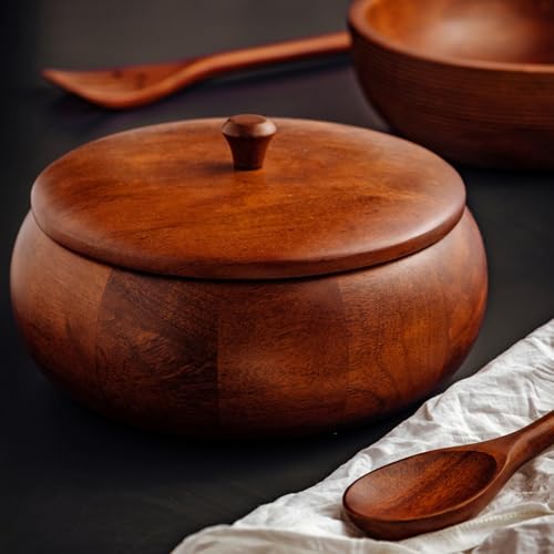 Brick Brown Handcrafted Premium Mahogany Finish Roti Casserole for Kitchen | Round Hot Pot, Roti Dabba with Lid | Casserole, 8.8x8.8x4.3 Inch,Brown,1640 ML,Wood
