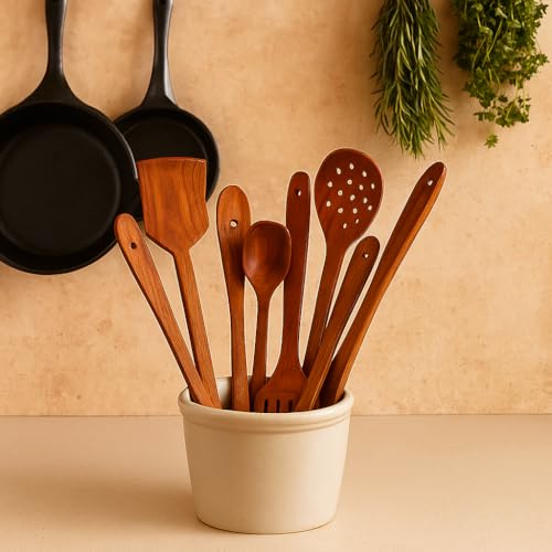 Handmade Wooden Non-Stick Serving and Cooking Spoon (Set of 7) - 90 Cm