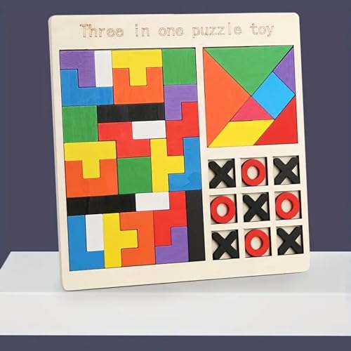 Wooden Puzzle Toy – Educational Brain Teaser Game for Kids Ages 3–10 & Adults, Montessori Logic Toy for Learning Shapes and Spatial Skills (3 in 1 Puzzle Game)