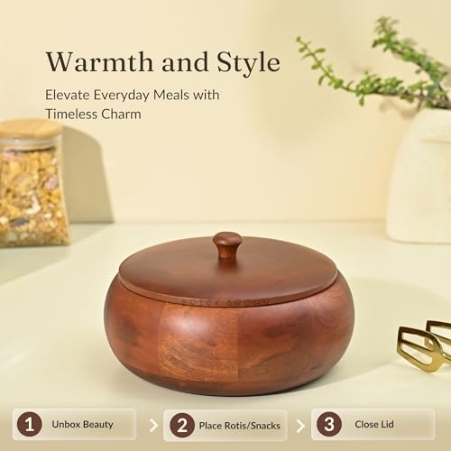 Brick Brown Handcrafted Premium Mahogany Finish Roti Casserole for Kitchen | Round Hot Pot, Roti Dabba with Lid | Casserole, 8.8x8.8x4.3 Inch,Brown,1640 ML,Wood