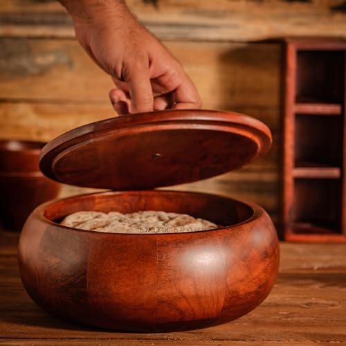 Brick Brown Handcrafted Premium Mahogany Finish Roti Casserole for Kitchen | Round Hot Pot, Roti Dabba with Lid | Casserole, 8.8x8.8x4.3 Inch,Brown,1640 ML,Wood