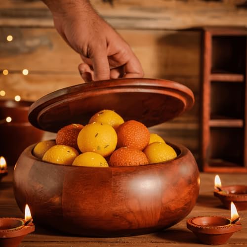Brick Brown Handcrafted Premium Mahogany Finish Roti Casserole for Kitchen | Round Hot Pot, Roti Dabba with Lid | Casserole, 8.8x8.8x4.3 Inch,Brown,1640 ML,Wood