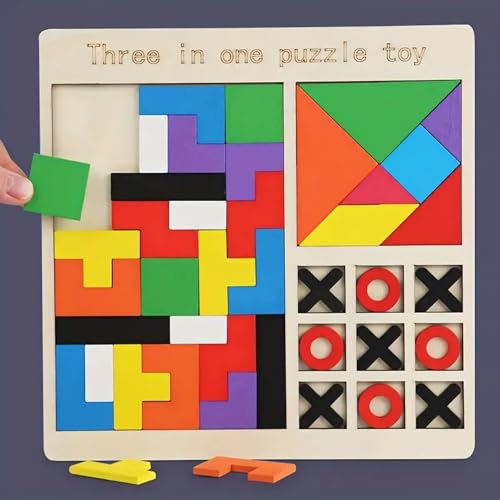 Wooden Puzzle Toy – Educational Brain Teaser Game for Kids Ages 3–10 & Adults, Montessori Logic Toy for Learning Shapes and Spatial Skills (3 in 1 Puzzle Game)
