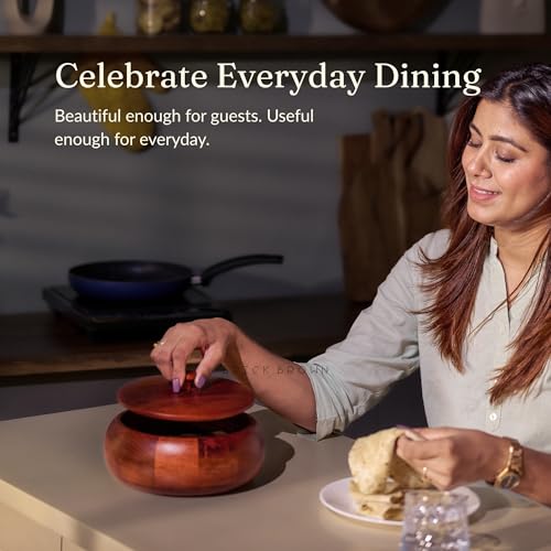 Brick Brown Handcrafted Premium Mahogany Finish Roti Casserole for Kitchen | Round Hot Pot, Roti Dabba with Lid | Casserole, 8.8x8.8x4.3 Inch,Brown,1640 ML,Wood