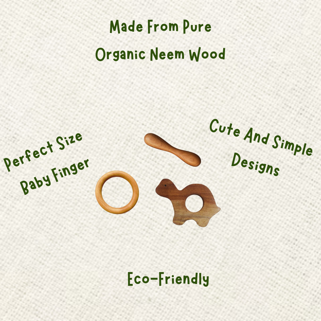 Neem Wood Teether For 0-1 Year Baby (Turtle/Ring/Dumbbell)
