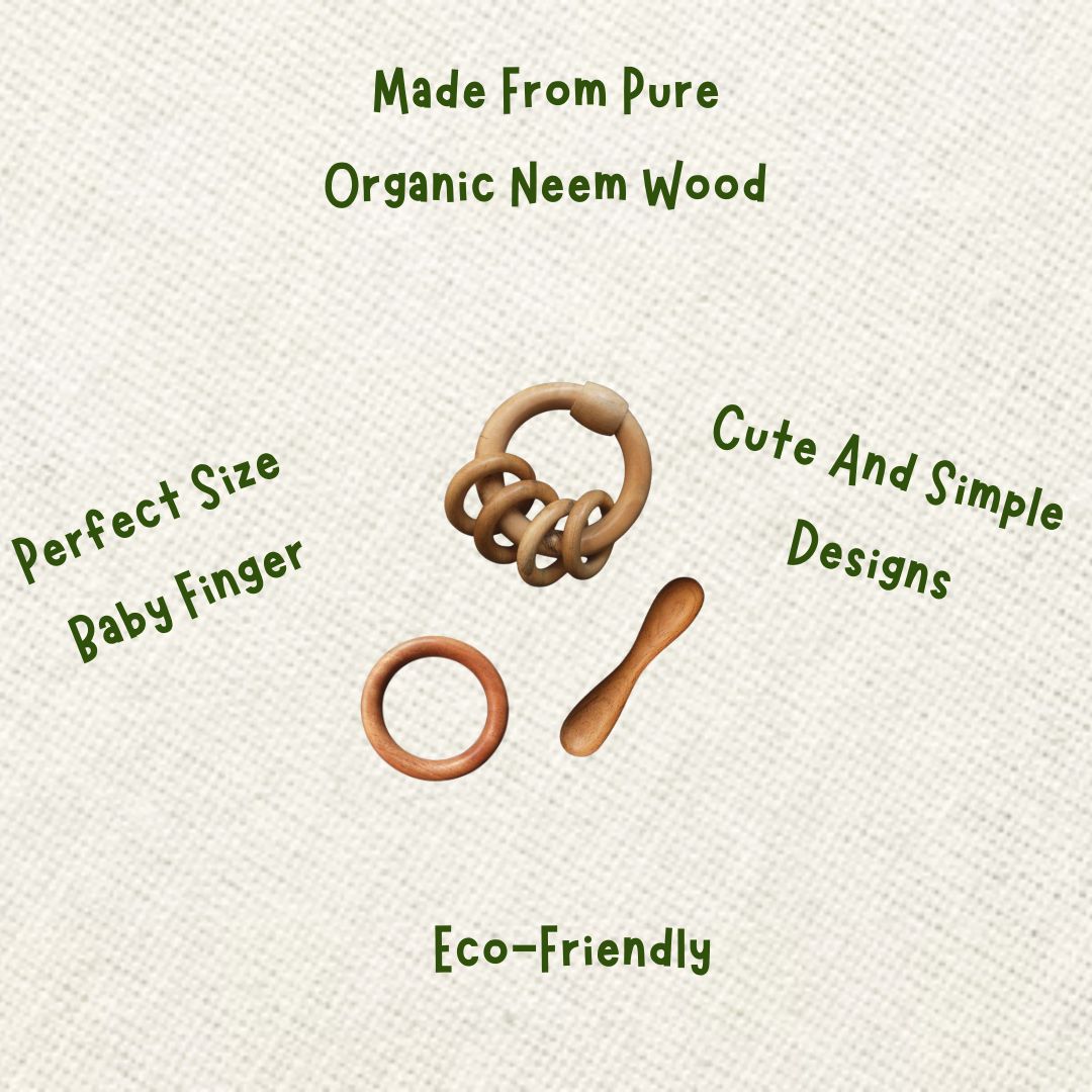 Neem Wood Teether For 0-1 Year Baby (Ring/Dumbbell/Ring Rattle)