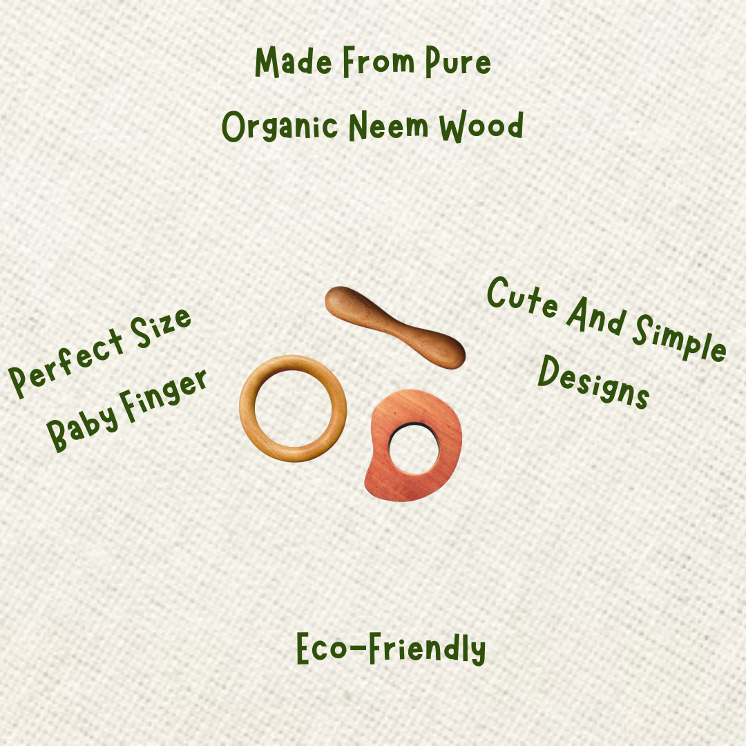Neem Wood Teether For 0-1 Year Baby (Mango/Ring/Dumbbell)