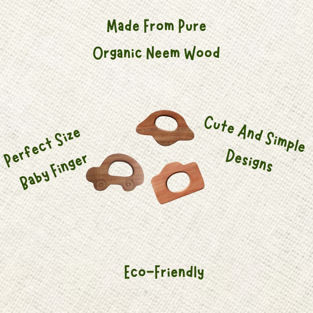 Neem Wood Teether For 0-1 Year Baby (Car/Camera/UFO)