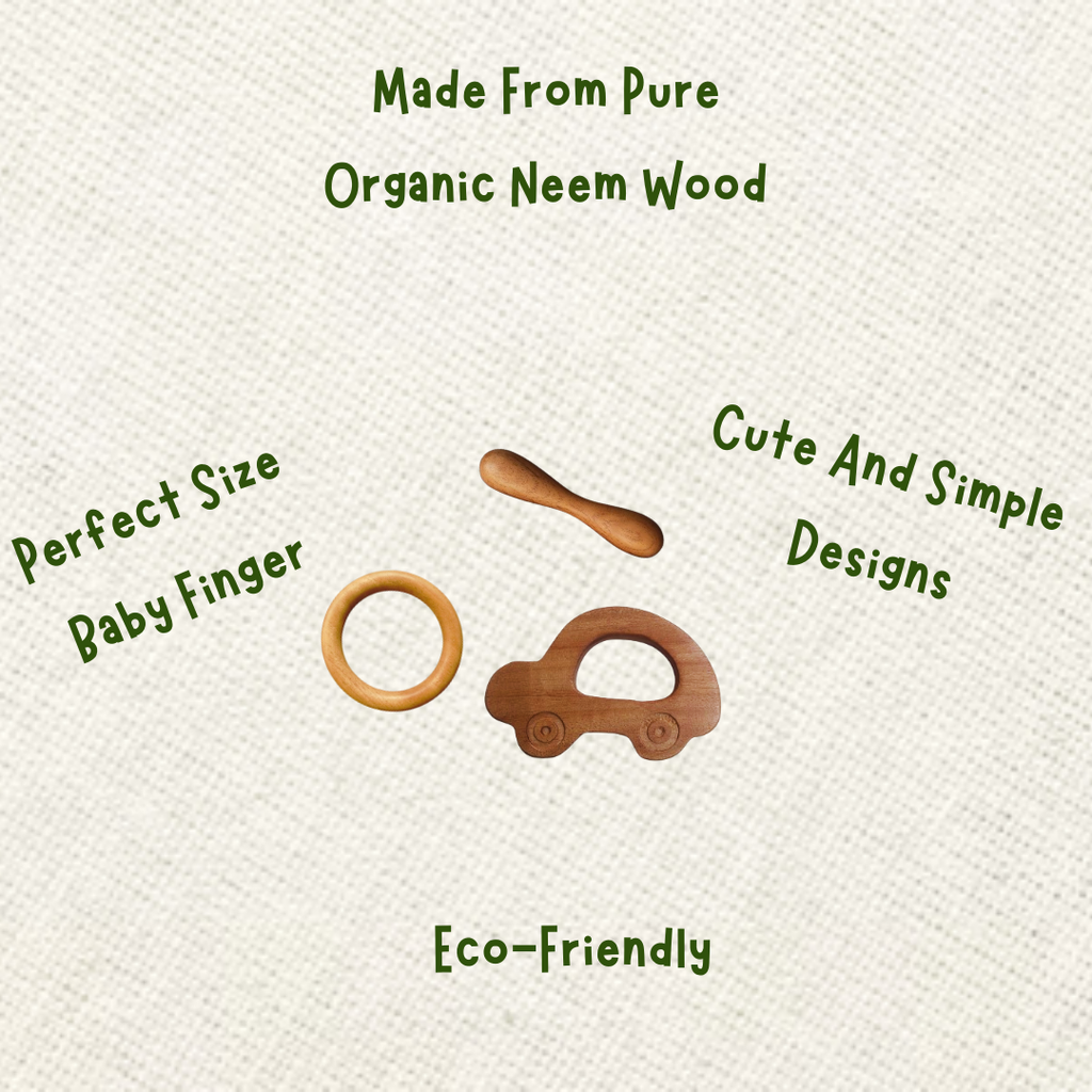 Neem Wood Teether For 0-1 Year Baby (Car/Ring/Dumbbell)