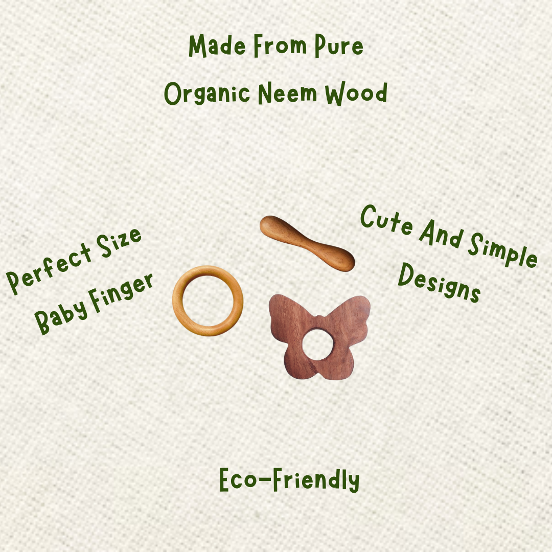 Neem Wood Teether For 0-1 Year Baby (Butterfly/Ring/Dumbbell)