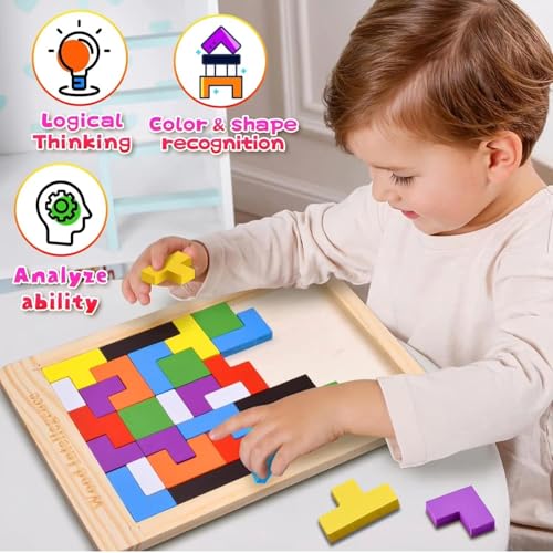 Wooden Puzzle Toy – Educational Brain Teaser Game for Kids Ages 3–10 & Adults, Montessori Logic Toy for Learning Shapes and Spatial Skills (Wooden Intelligence Puzzle)
