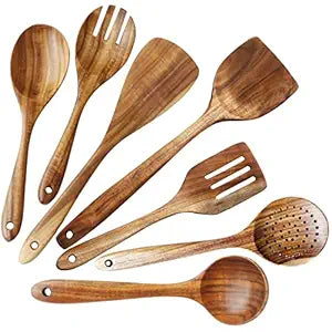 Natural Teak Wooden Cooking Utensils set for Nonstick Cookware, 7-Piece Sturdy Eco-friendly and Healthy Wooden Spatula for Cooking