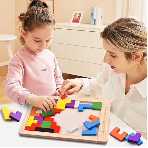 Wooden Puzzle Toy – Educational Brain Teaser Game for Kids Ages 3–10 & Adults, Montessori Logic Toy for Learning Shapes and Spatial Skills (Wooden Intelligence Puzzle)