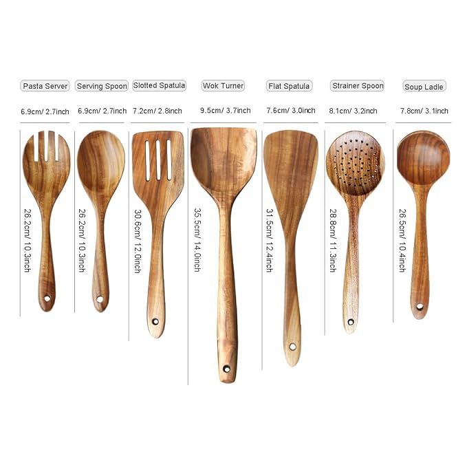 Natural Teak Wooden Cooking Utensils set for Nonstick Cookware, 7-Piece Sturdy Eco-friendly and Healthy Wooden Spatula for Cooking