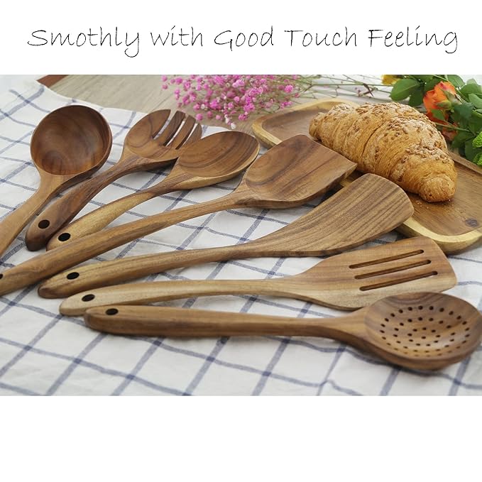 Natural Teak Wooden Cooking Utensils set for Nonstick Cookware, 7-Piece Sturdy Eco-friendly and Healthy Wooden Spatula for Cooking