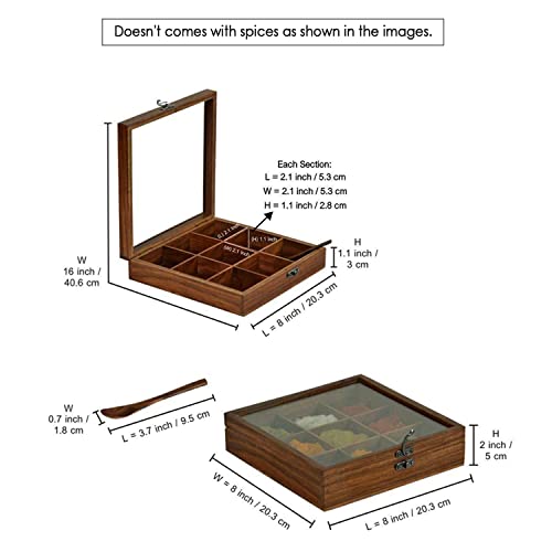 Wooden Masala Spice Box with Spoon – 9 Compartment Indian Spice Organizer (Glass Lid)