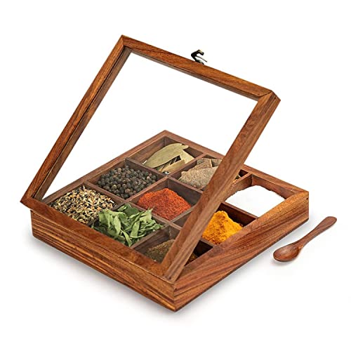 Wooden Masala Spice Box with Spoon – 9 Compartment Indian Spice Organizer (Glass Lid)