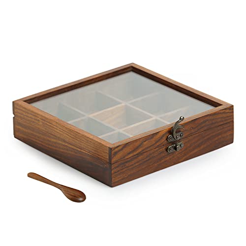 Wooden Masala Spice Box with Spoon – 9 Compartment Indian Spice Organizer (Glass Lid)