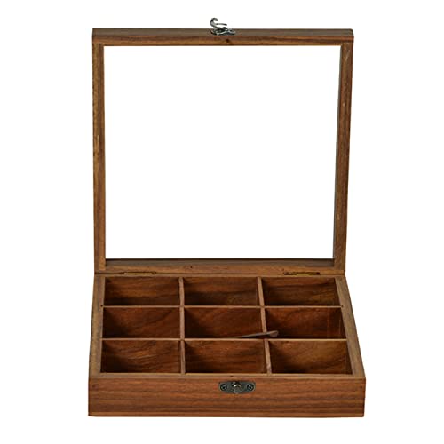 Wooden Masala Spice Box with Spoon – 9 Compartment Indian Spice Organizer (Glass Lid)