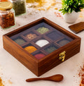 Wooden Masala Spice Box with Spoon – 9 Compartment Indian Spice Organizer (Glass Lid)