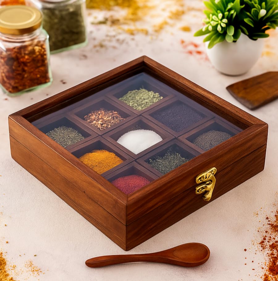 Wooden Masala Spice Box with Spoon – 9 Compartment Indian Spice Organizer (Glass Lid)