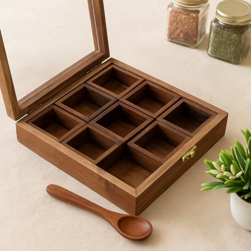 Wooden Masala Spice Box with Spoon – 9 Compartment Indian Spice Organizer (Glass Lid)