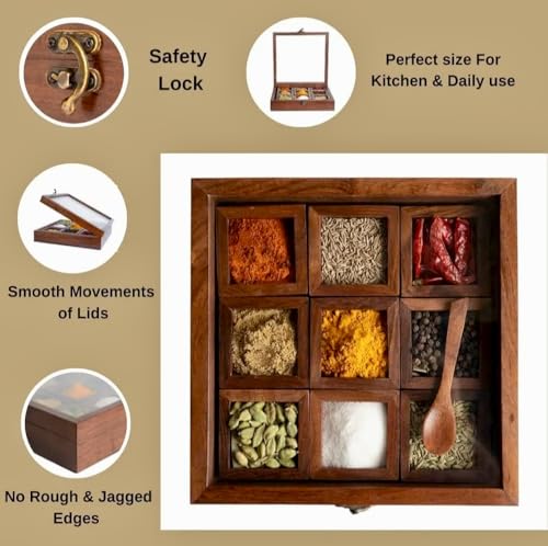 Wooden Masala Spice Box with Spoon – 9 Compartment Indian Spice Organizer (Glass Lid)