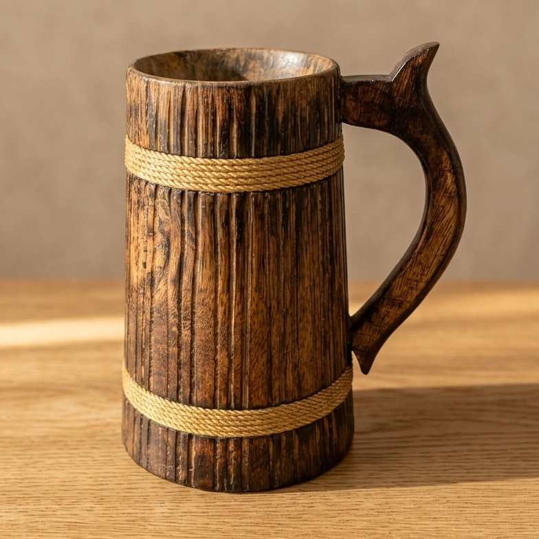 Premium Wooden Beer Mug / Wooden Drinking Mug with Handle – Rustic Handcrafted Wooden Cup (7 Inch)