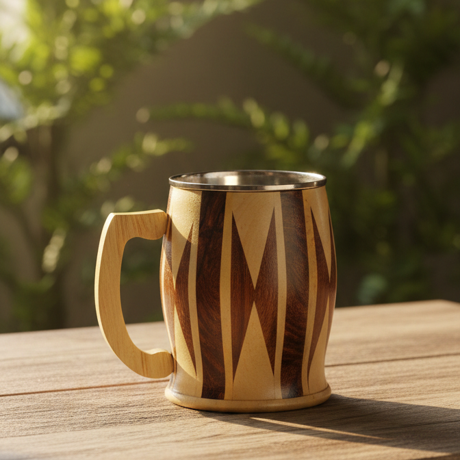 Handcrafted Wooden Coffee Mug with Stainless Steel Inner | 18 cm Height | Premium Geometric Design | Eco-Friendly Tea & Coffee Mug