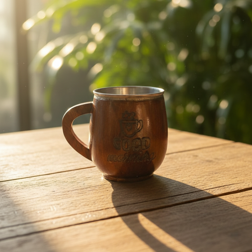 Wooden Tea & Coffee Cup/Mug (Good Morning/ Inner Steel)