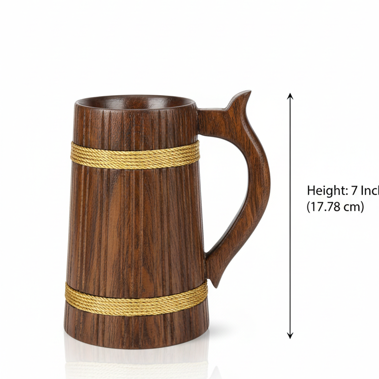 Premium Wooden Beer Mug / Wooden Drinking Mug with Handle – Rustic Handcrafted Wooden Cup (7 Inch)