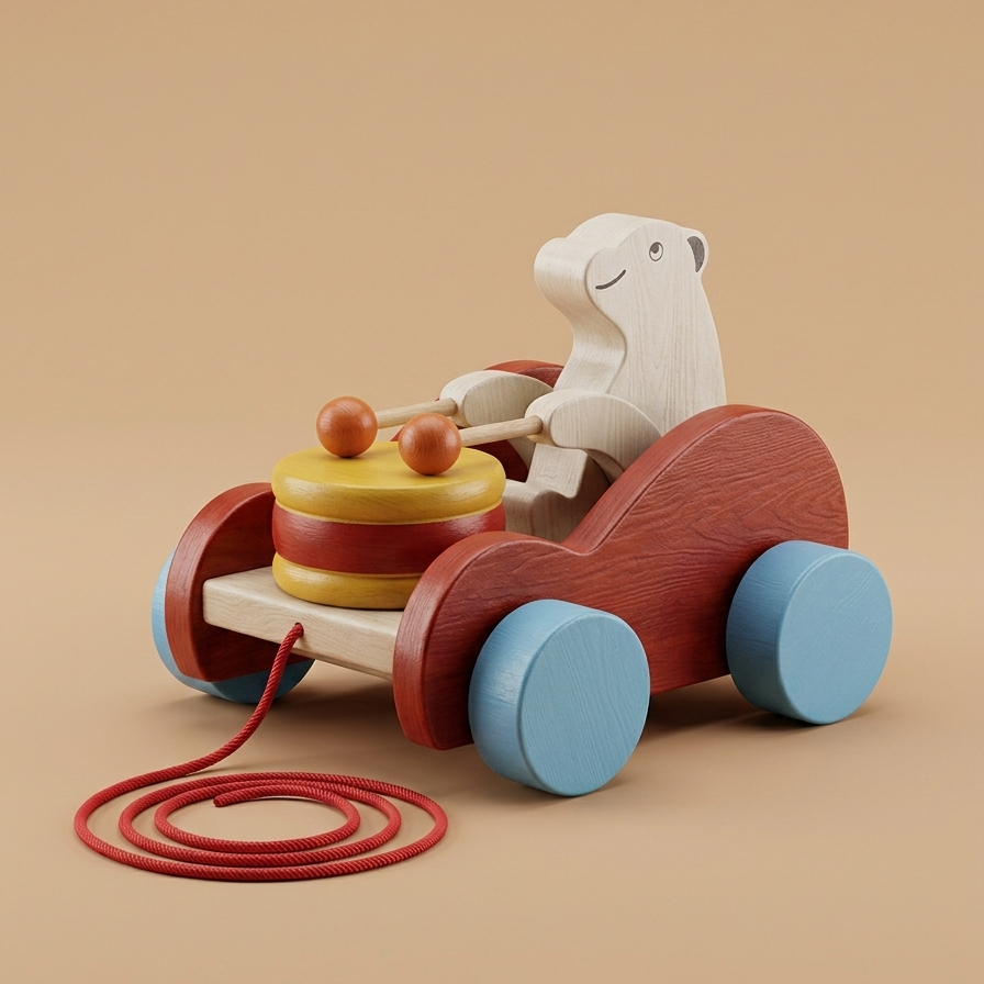Wooden Bear Drummer Pull Along Toy – Musical Rolling Toddler Toy