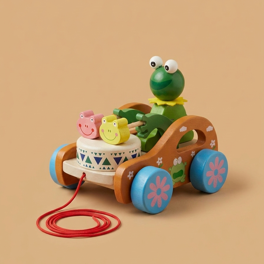 Wooden Frog Drummer Pull Along Toy – Rolling Musical Toddler Toy