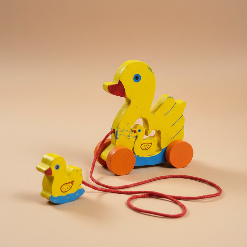 Wooden Duck & Duckling Pull Along Toy – Mother & Baby Rolling Toy for Toddlers